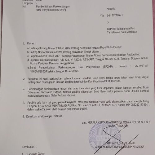 Laporan Dihentikan, Pelapor Dugaan Penipuan di Gowa Kecewa: Gelar Perkara Tanpa Libatkan Korban!